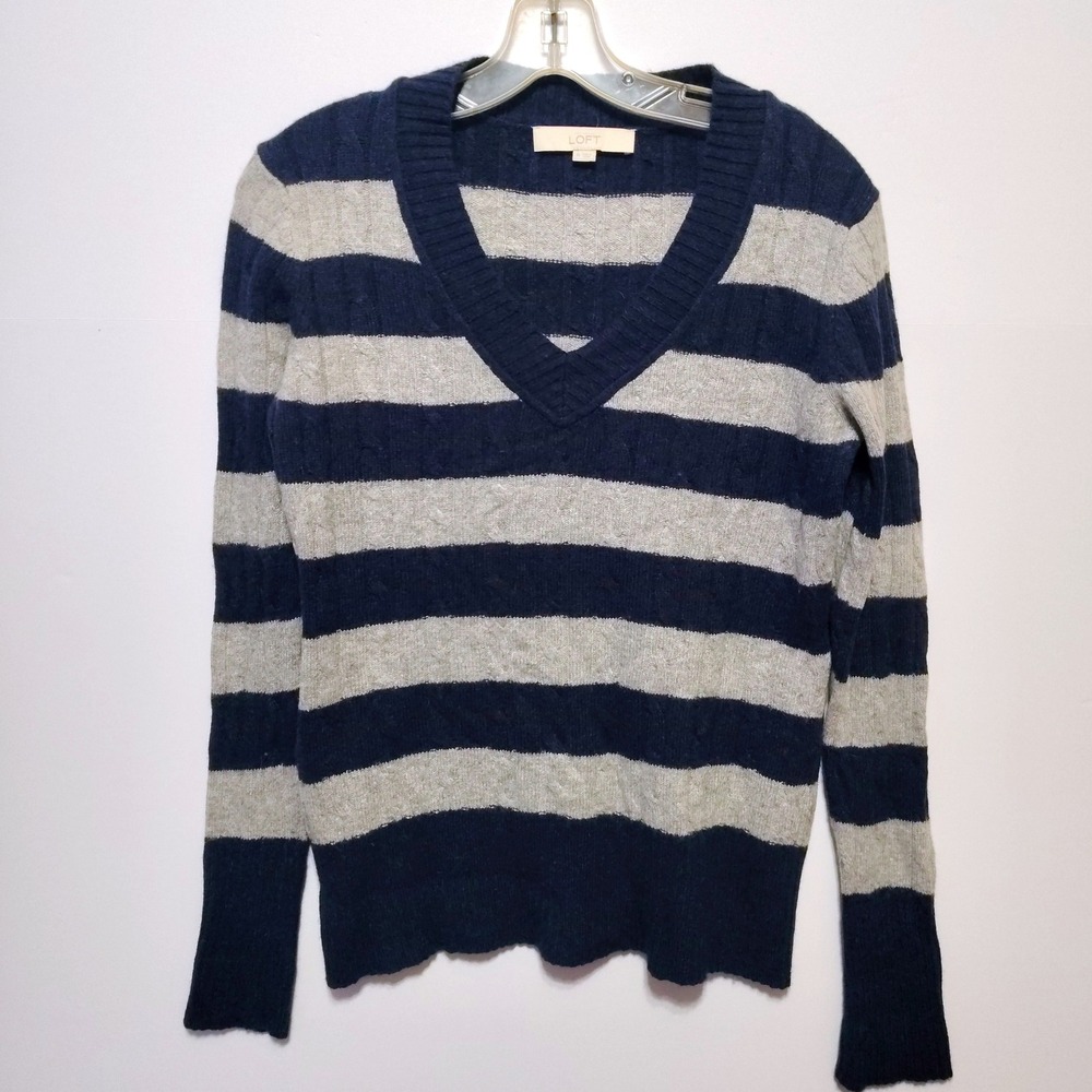 LOFT Striped V Neck Cable Knit Sweater Blue Gray Women Size M Nautical